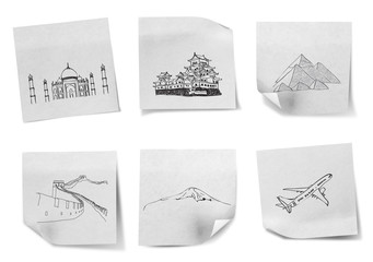 Drawing travel around the world on white note papers  (Japan,Ind