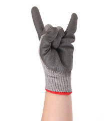 Hand shows rock sign in rubber glove.