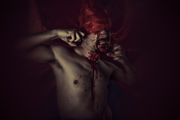 Blood, Scary, Male vampire with huge red coat and blood