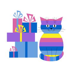 Card with a cat and gifts