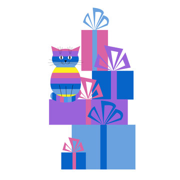 Greeting card with a cat and gifts
