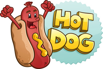 Hot Dog Cartoon Character With Emblem and Illustrated Lettering