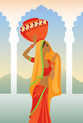 Vector  illustration of  Indian woman carries a jug on her hea - 57649663