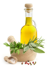 mortar and pestle with herbs, spices and olive oil