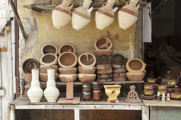 Traditional pottery in market small shop,Egypt