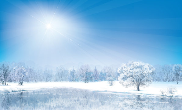 Vector Winter Landscape, Sunny Day.