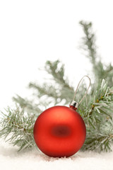 Red Christmas ball and a branch of Christmas tree with copyspace