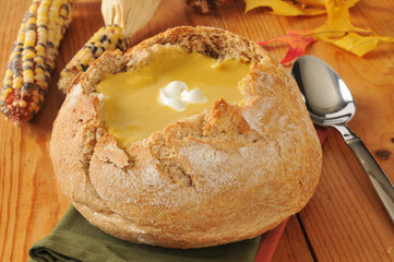 Butternut quash soup in a bread bowl