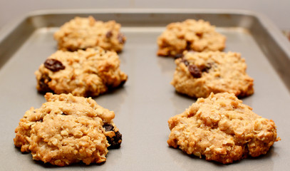 Oatmeal raisin cookies cooling on a baking sheet