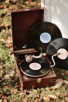 on the grass with autumn leaves old gramophone with plates