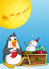 A penguin near the sleigh with a snowman