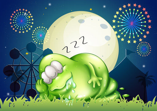 A fat monster sleeping at the carnival in the middle of the nigh