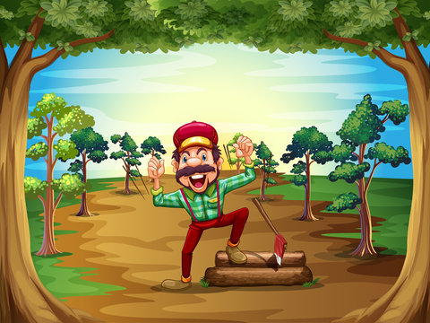 A cheerful lumberjack in the middle of the trees