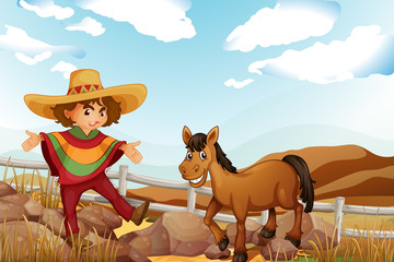 A man and a horse near the rocks