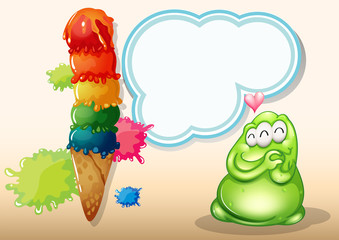 A fat three-eyed green monster near the big icecream