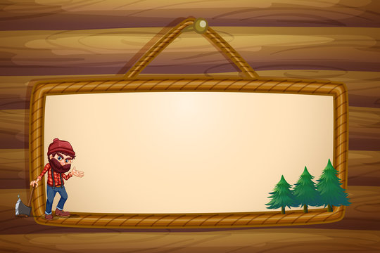 A hanging frame with a lumberjack and three pine trees