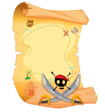 A treasure map with a skull and sharp swords
