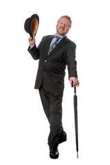 Businessman with bowler hat & brolly - on white