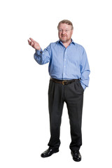 Friendly middle aged bearded guy in blue shirt - on white