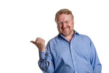 Friendly middle aged bearded guy in blue shirt - on white