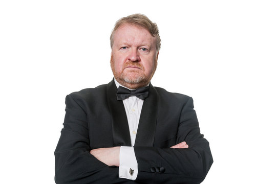 Middle aged man blocking the way - on white