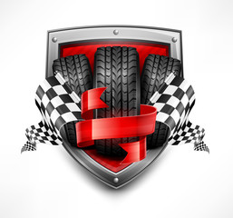Racing symbols on shield, tires, ribbon and flags, vector