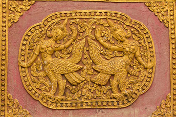 Kinaree Wall sculpture on Ubosot in Wat Saen Fang , Chiangmai Th