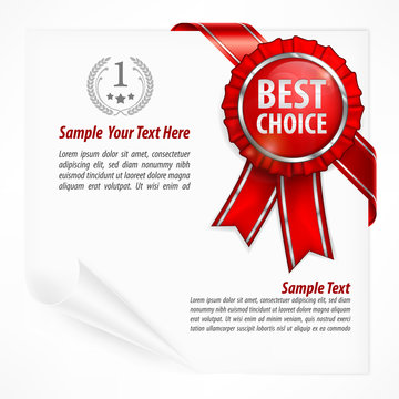 Red award label with ribbon on white paper sheet