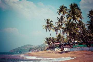 Exiting Anjuna beach panorama on low tide,Goa,India - obrazy, fototapety, plakaty