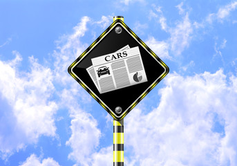 CARS NEWSPAPER ROAD SIGN