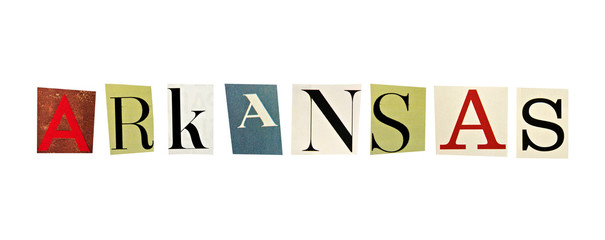 Arkansas word formed with magazine letters on a white background