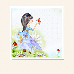 Meisje in bloemen aquarel