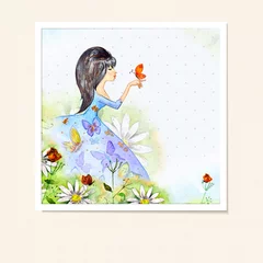 Afwasbaar Fotobehang Bloemenmeisje Meisje in bloemen aquarel