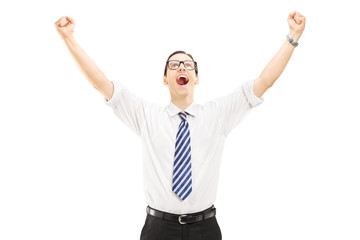 Excited male with raised hands gesturing happiness