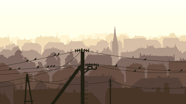 Horizontal Illustration Of Birds On Power Line.