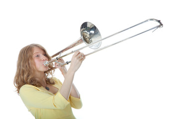 young woman in yellow with trombone