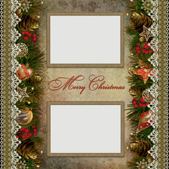 Fototapeta na wymiar Christmas decorations with lace and frames on vintage background
