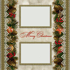 Fototapeta na wymiar Christmas decorations with lace and frames on vintage background