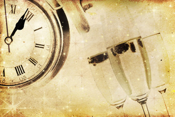 Vintage background with champagne glasses and clock