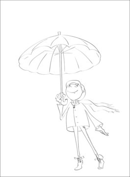 Contour of happy person under autumn umbrella on isolated white