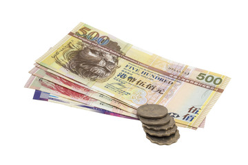 Hong kong bank notes and coins isolated on the white background