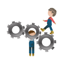 People Over Gear Wheel Set - Isolated On White Background