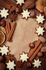 sheet of paper for recipe, Christmas cookies, nuts and spices