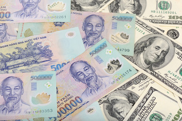 Fototapeta na wymiar Vietnam Dongs and the US Dollars