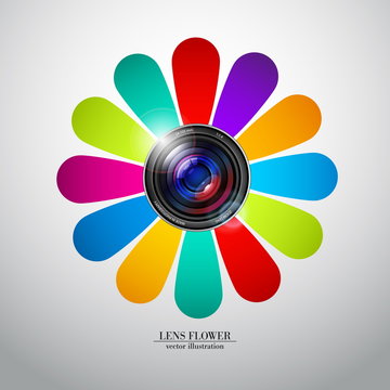 Camera photo lens with flower - vector illustration