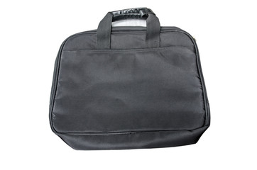 Large black leather briefcase on white background