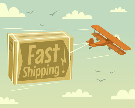 Biplane and fast shipping. Vector illustration.
