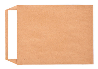 Open brown envelope with paper letter inside on white background