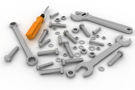 bolts, nuts and pucks of different shapes and tools