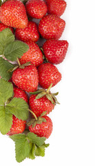 ripe red juicy strawberries on a white background with sample